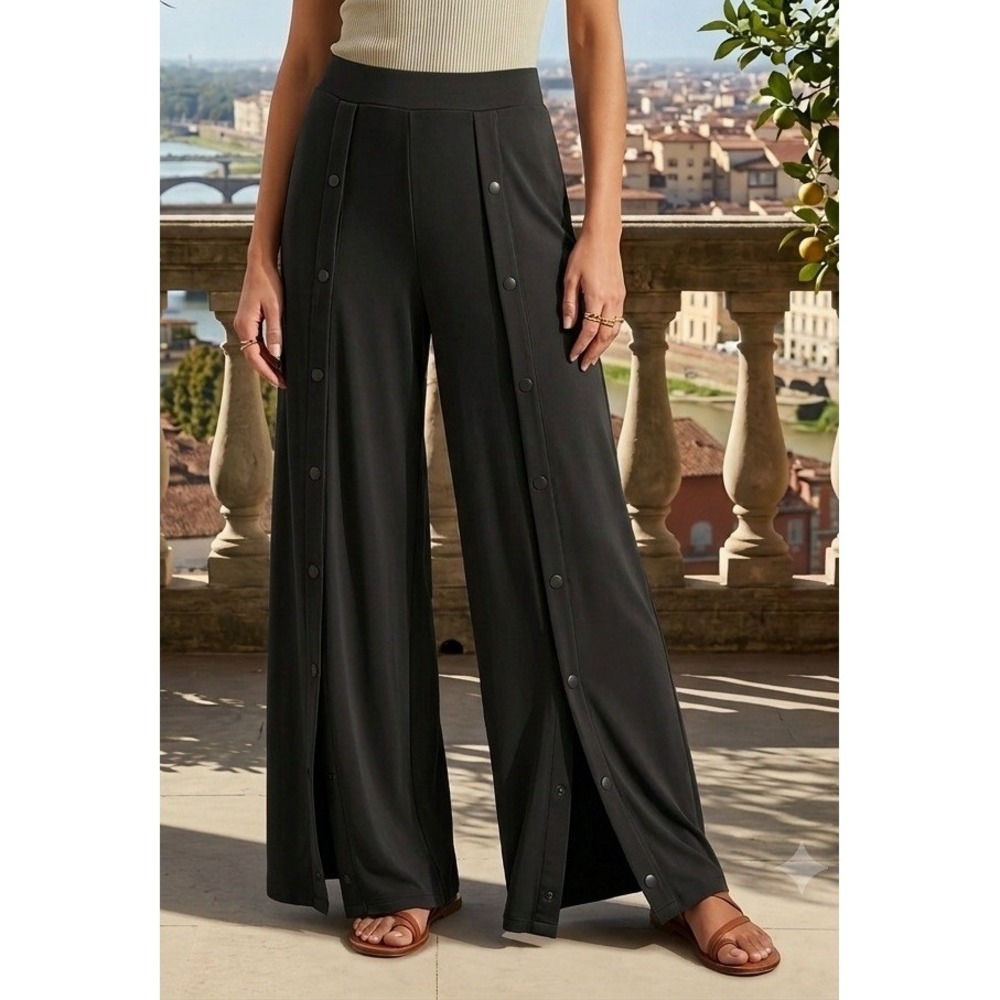 GILI Wide Leg Snap Front Pants Elastic Waist Stretch Small‎ Black Casual Pull On